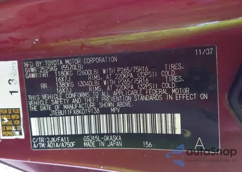 2008 Toyota Fj Cruiser z USA, uszkodzony, nr VIN JTEBU11FX8K019138